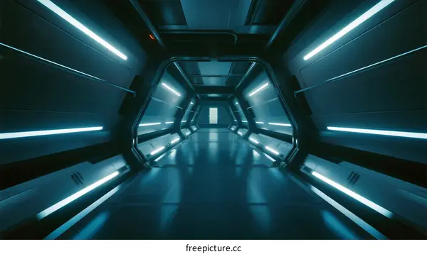 Futuristic Sci-Fi Corridor with Bright LED Lighting and Metallic Walls