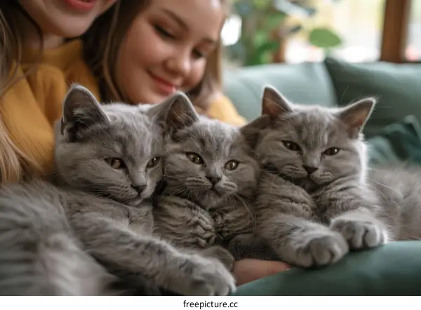 Three cute gray kittens and a girl