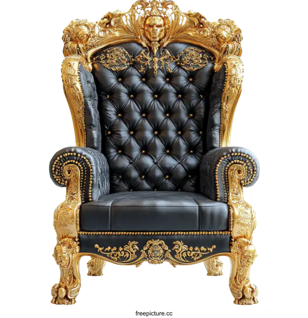 [Transparent Background PNG]Luxury Gold-Framed Black Leather Throne Chair