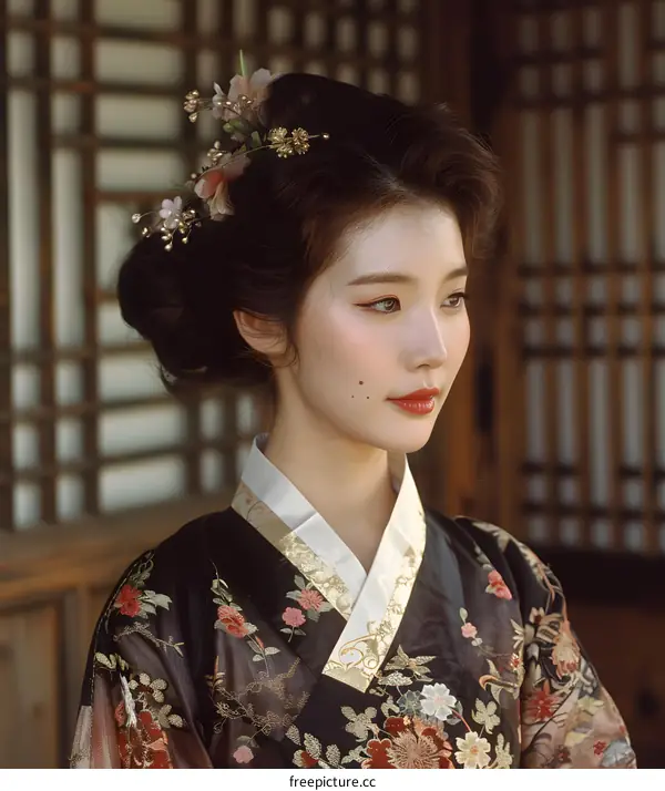 Portrait of a beautiful young woman in traditional Korean dress, or Hanbok