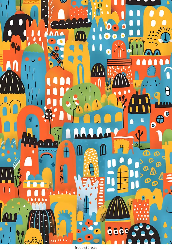 Colorful Cartoon Cityscape With Abstract Buildings