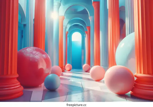 Surreal Hallway in Pastel Pink and Blue