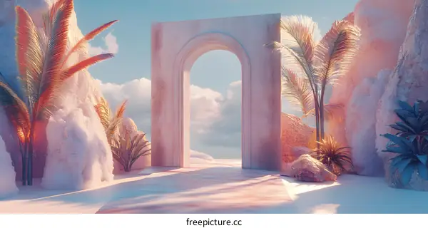Abstract  Archway  Surrounded by  Rock Formations  and  Tropical Plants