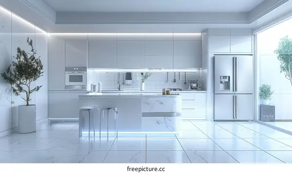 Perspective view of a modern kitchen in white with an island in the center