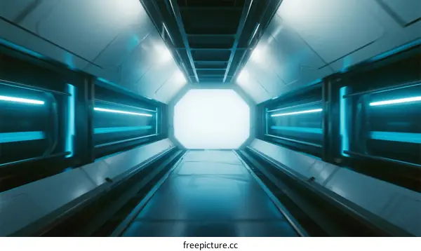 Futuristic Sci-Fi Corridor with Bright Blue Lighting and Glass End
