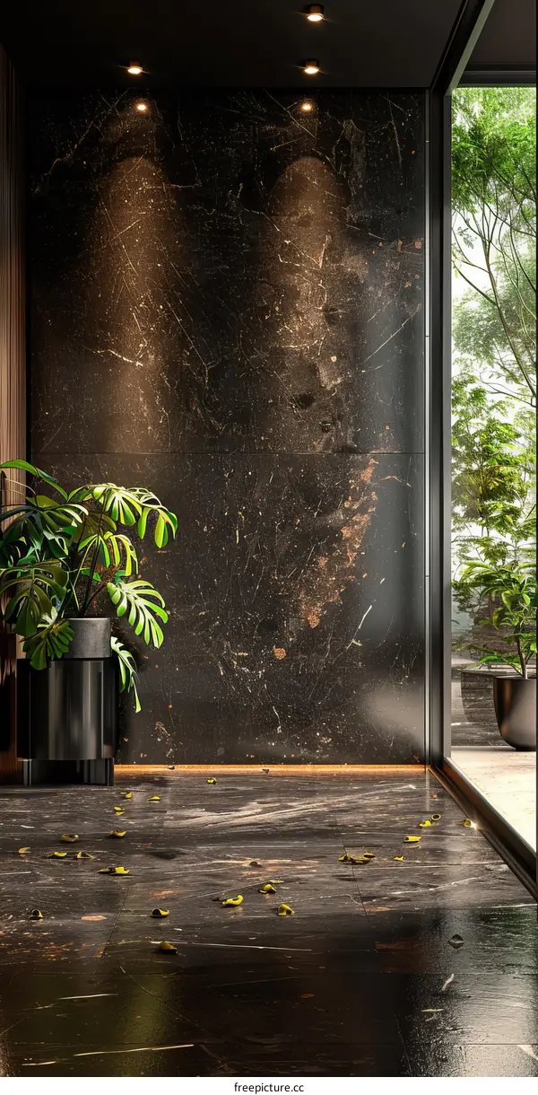 Black Marble Wall With Green Plant and  Floor