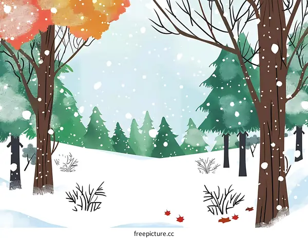 Snowy Forest Illustration with Bare Trees and Green Pine Trees