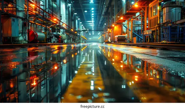 factory workshop with wet floor reflecting lights