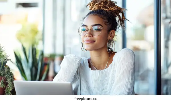 Young Woman Working on Laptop Outdoor Cafe