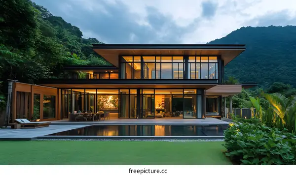 Modern House with Infinity Pool and Lush Greenery