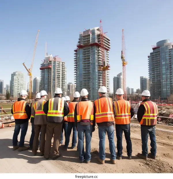 Construction workers looking at the city skyline