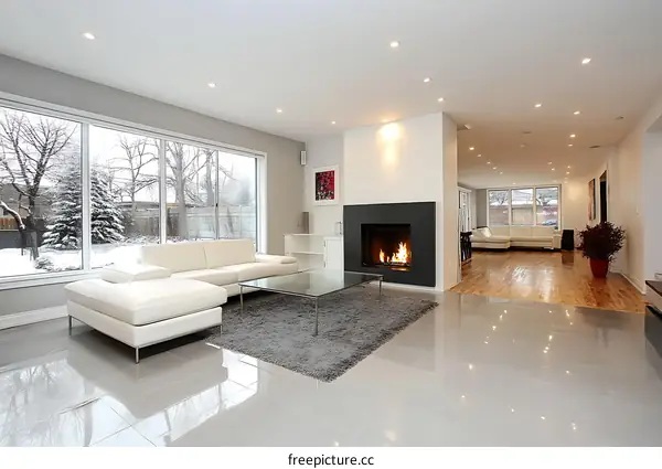Modern Living Room with Fireplace and Large Windows