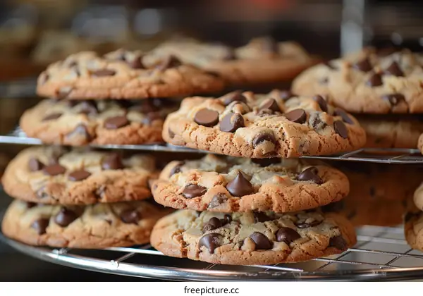 Stacks of chocolate chip cookies on a cooling rack