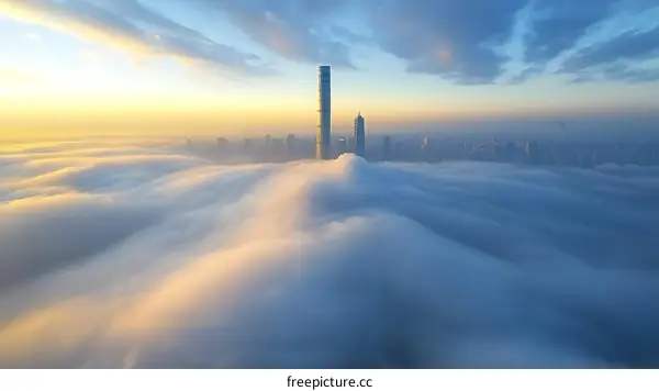 Sunrise City Skyline Pierced by Clouds