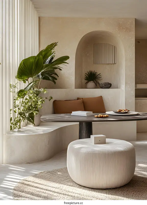 Modern Interior Design with Beige Walls and a Curved Sofa