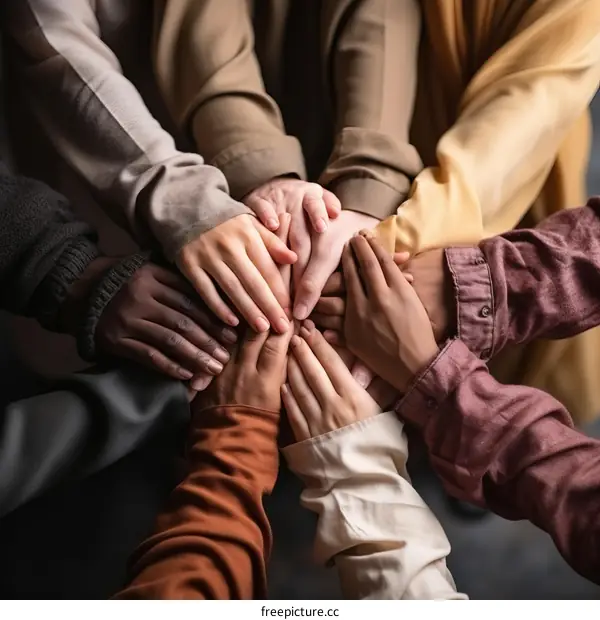 Multiracial group of people joining hands together