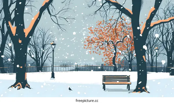 Snowy Winter Park Scene with Bench and Bird