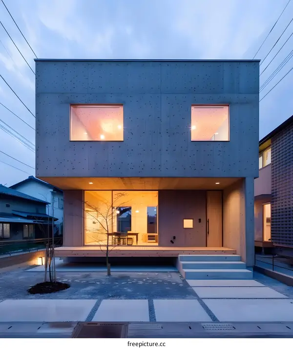 Modern Concrete House with Wooden Details and Large Windows