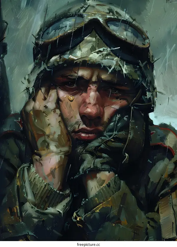 Portrait of a soldier with a tear on his cheek