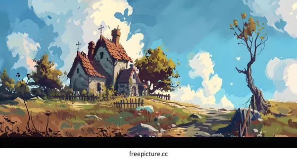 Fantasy Landscape Painting with Old House, Trees, and a Cloudy Sky