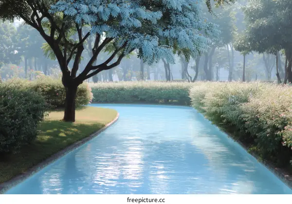 Serene Park Water Feature with Lush Landscaping