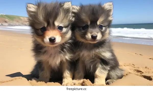 Adorable Pomeranian Puppies on the Beach