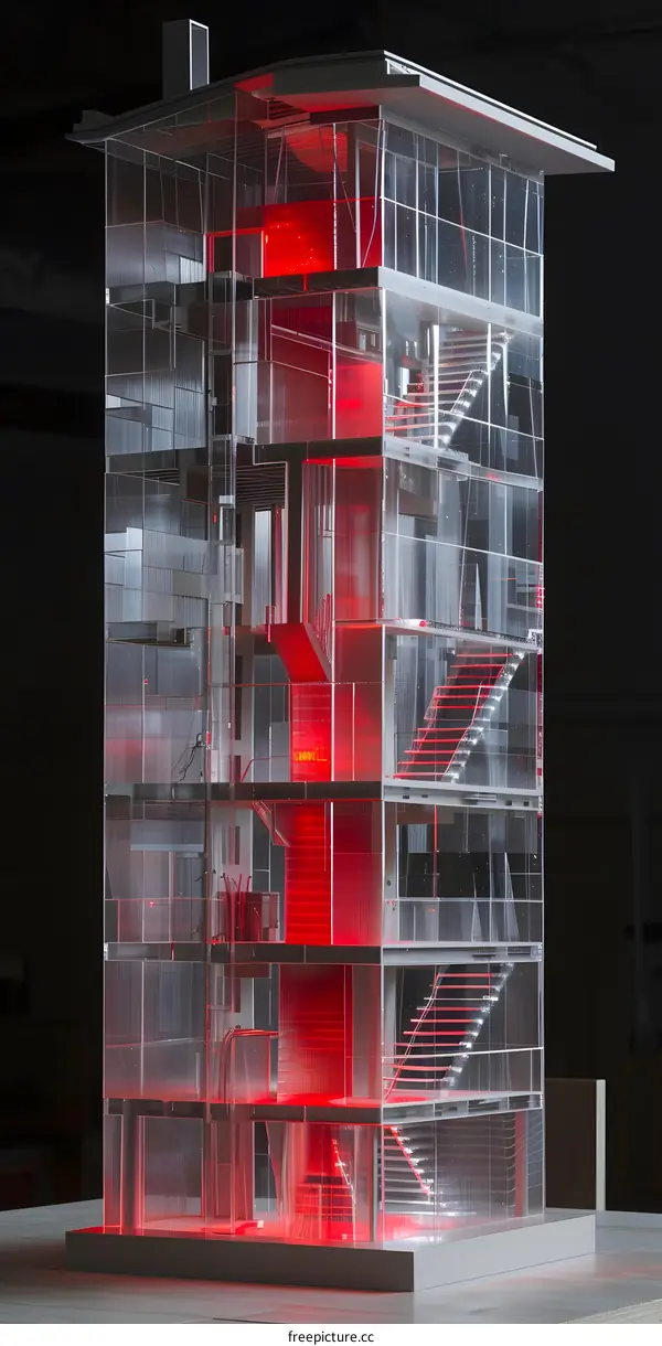 Glass Building Model with Red Lights