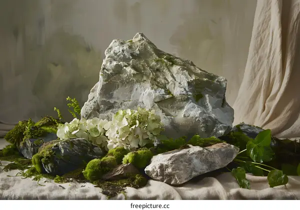 Stone and Moss Still Life with a Green Background