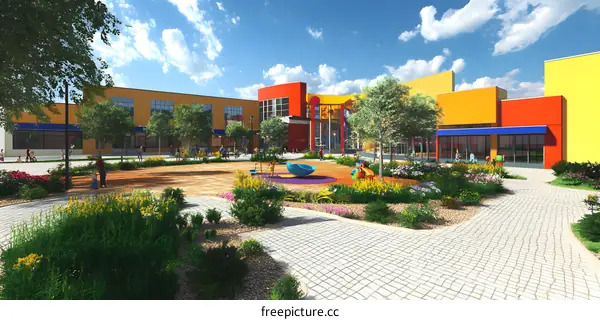 Colorful Building with Playground and People