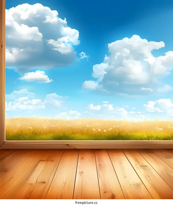 Window View Of A Sunny Day With Grass And Clouds