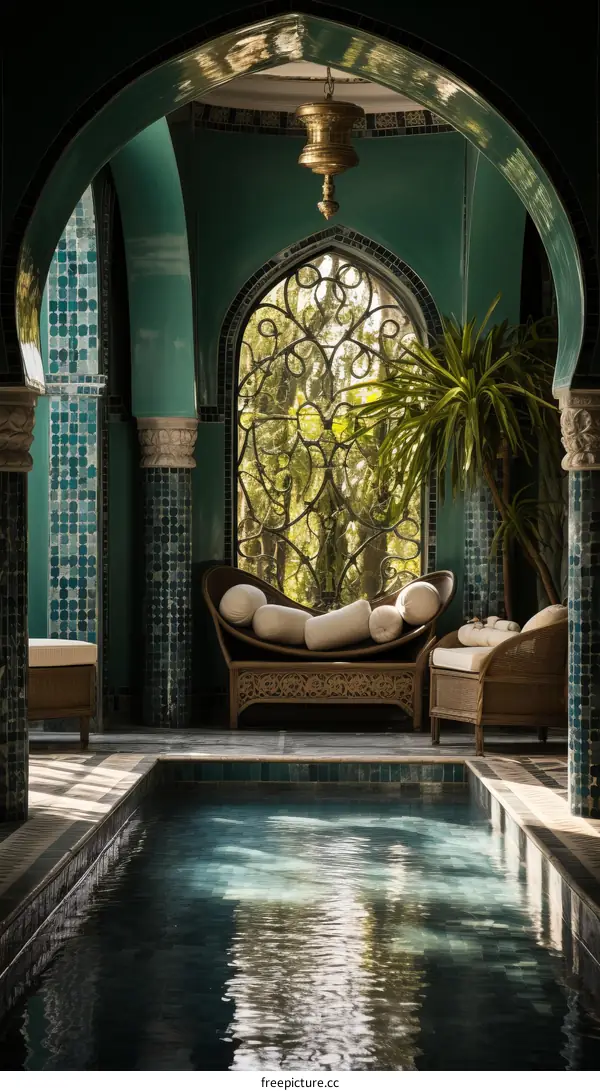 Luxury Indoor Swimming Pool with Green Tiles and Archways
