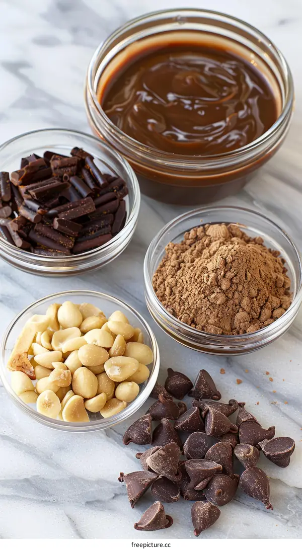 Four glass containers with chocolate ingredients