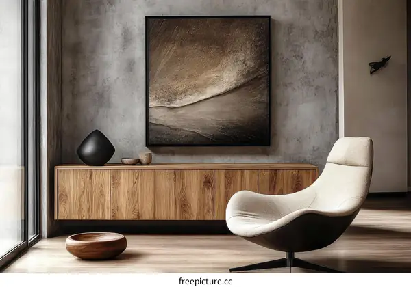 Modern Living Room Interior Design with Wooden Furniture and Abstract Art