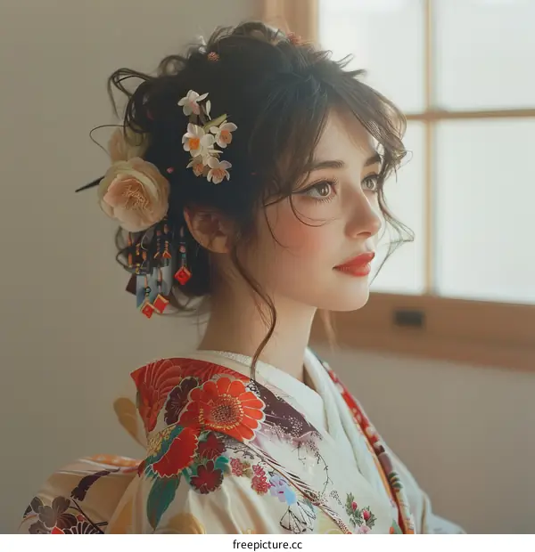 portrait of a beautiful asian woman in traditional japanese kimono