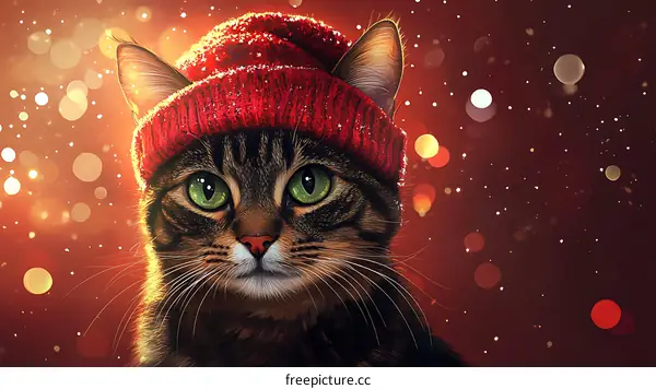 Cute Cat in Festive Red Hat on a Snowy Day