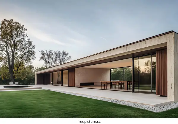 Modern House with Large Glass Windows and Green Lawn