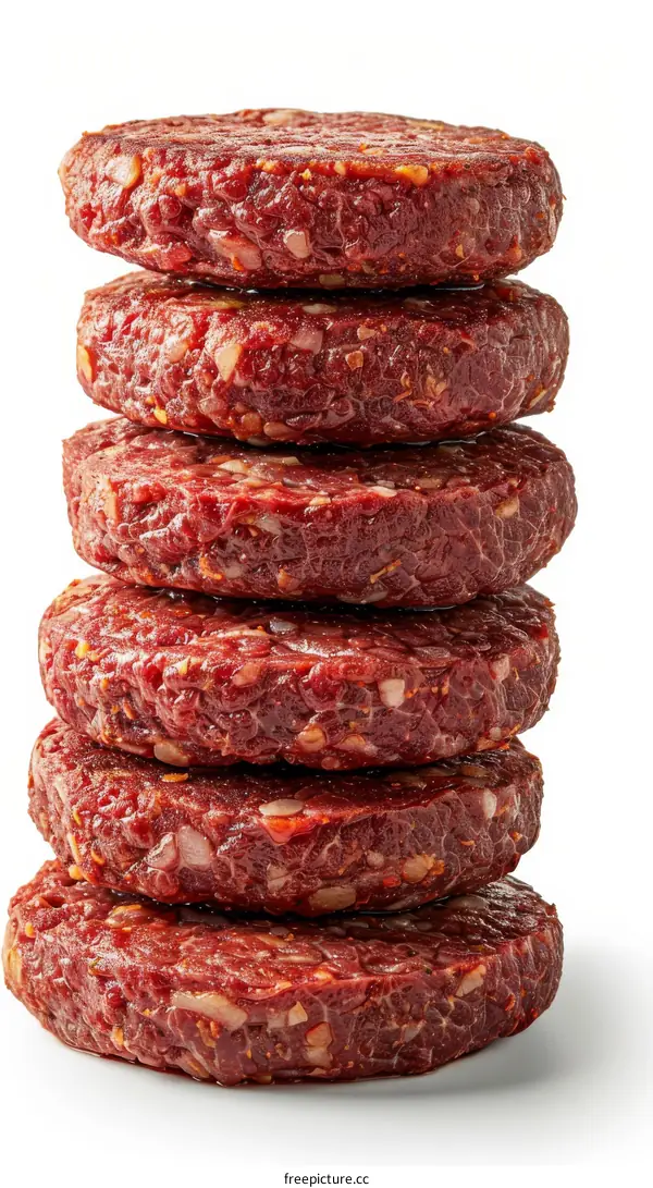A stack of six raw hamburger patties