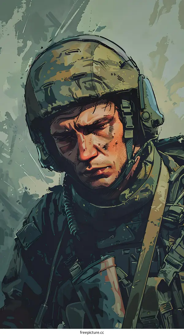 A soldier wearing a camouflage helmet and a military uniform with a sad expression on his face