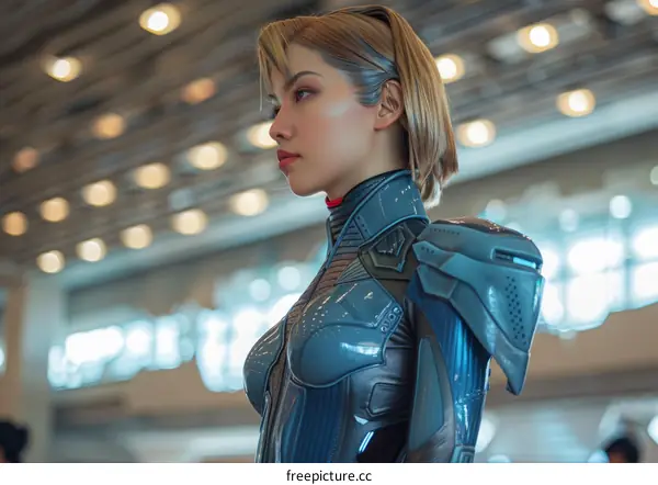 portrait of a young woman in a futuristic suit of armor
