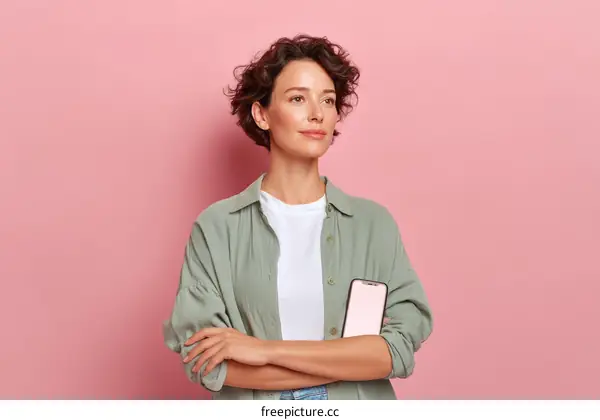 Stylish Woman Holding Phone in Front of Pink Background