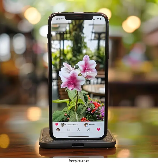 Smartphone Displaying a Close Up Photo of Pink Orchids