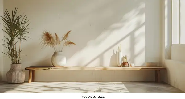 Airy White Room with Plants and Wooden Bench