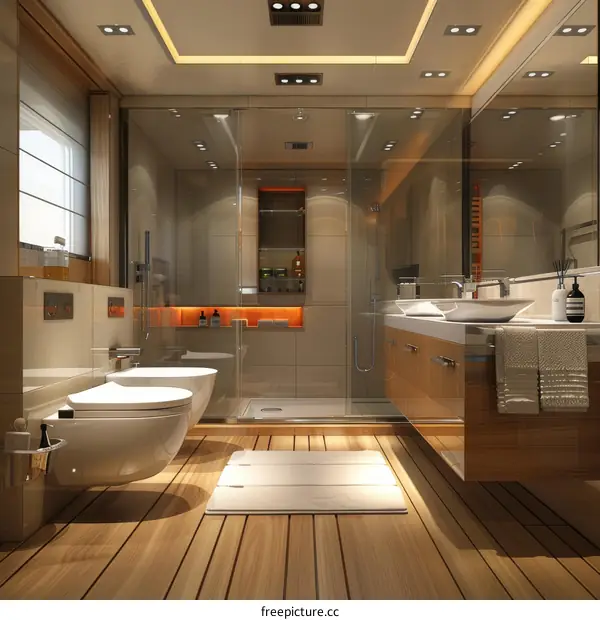 Luxury bathroom interior with large shower and wooden floor