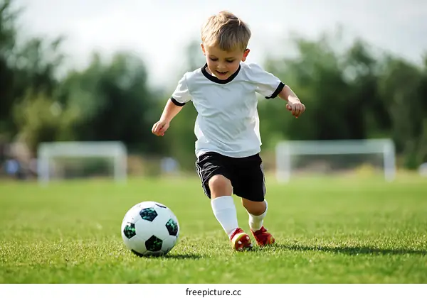 Young Boy Playing Soccer on a Grass Field