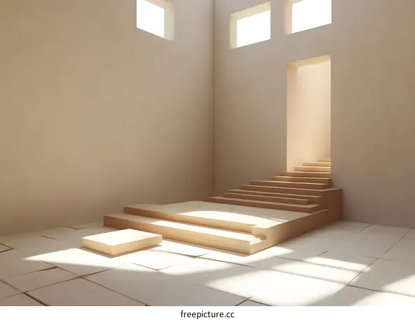 Minimalist Wooden Stairs in a Room with Windows