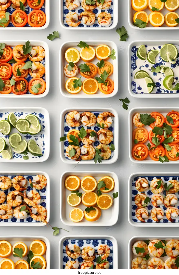 Food photography of shrimp and citrus fruits