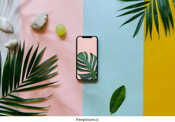 Flat Lay of Smartphone with Tropical Leaves and Stones on Colorful Background