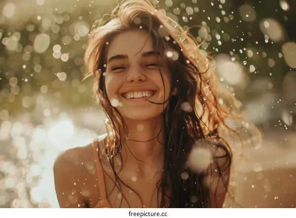 Woman with Wet Hair Smiling in the Sunlight