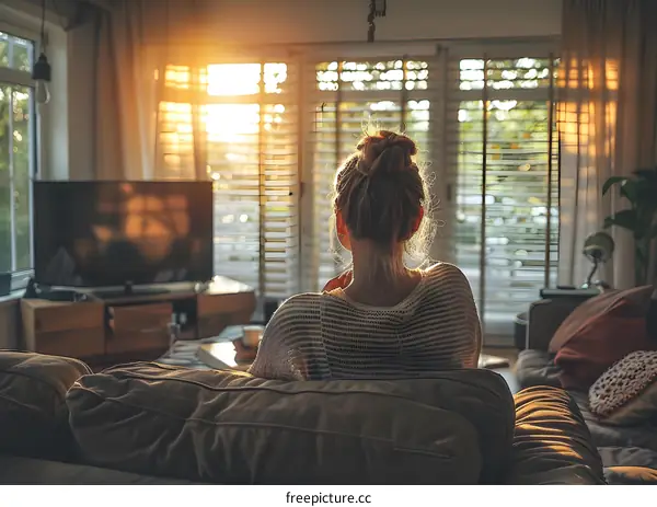 A person is sitting on the sofa, looking out the window