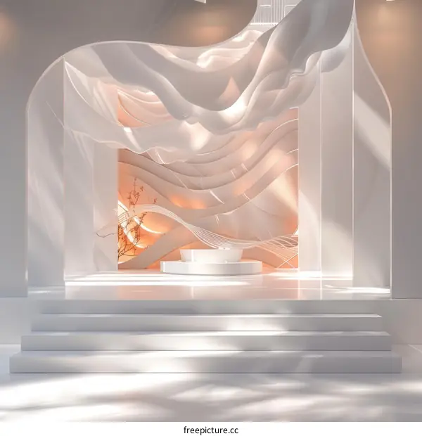 Abstract White Minimalist Interior with Curved Walls and Soft Pink Glow